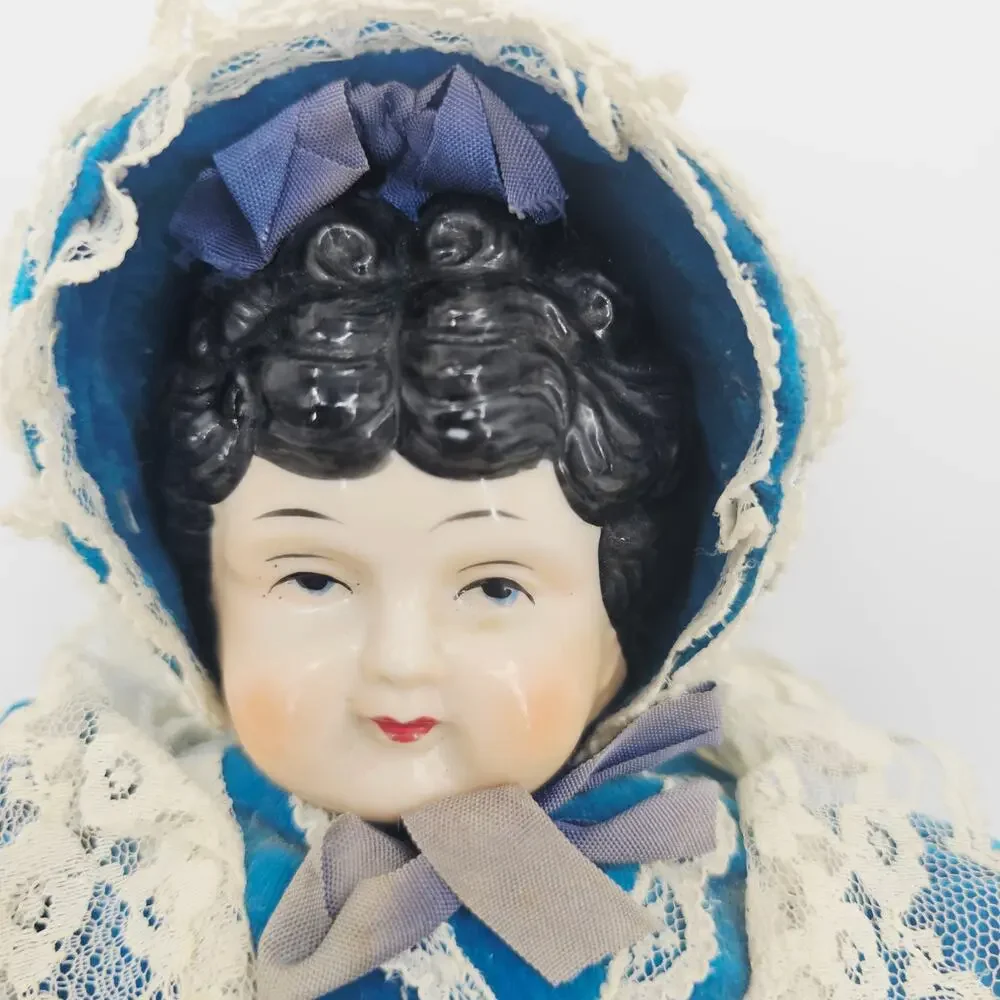 Rare Fine China Head Doll Blue Victorian Velvet & Lace Dress Circa 1980s 17